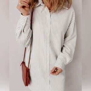 Khaki Stripe long sleeve button up mini shirt dress